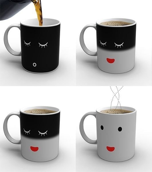 Кружка меняющая цвет "Morning Mug": Поверхность кружки покрыта специальным составом, изменяющим фон и рисунок под действием температуры. Стоит налить в неё горячий кофе или чай, и дизайн кружки изменится. Отличный подарок любому человеку!